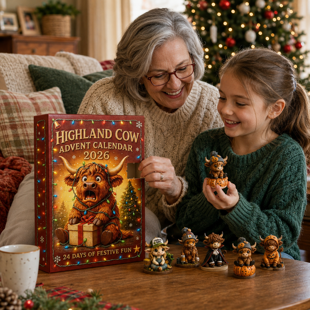Grandmother and child enjoying the Highland Cow Advent Calendar together