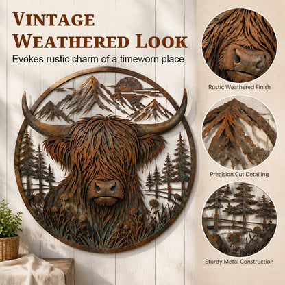 🏔️🐮 Highland Cattle Mountain Silhouette – Rustic Metal Farmhouse Wall Art