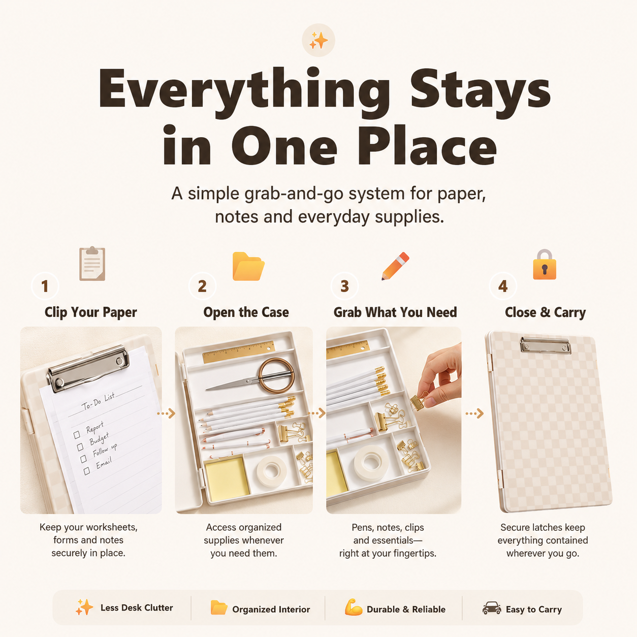 Four step storage clipboard organizer workflow