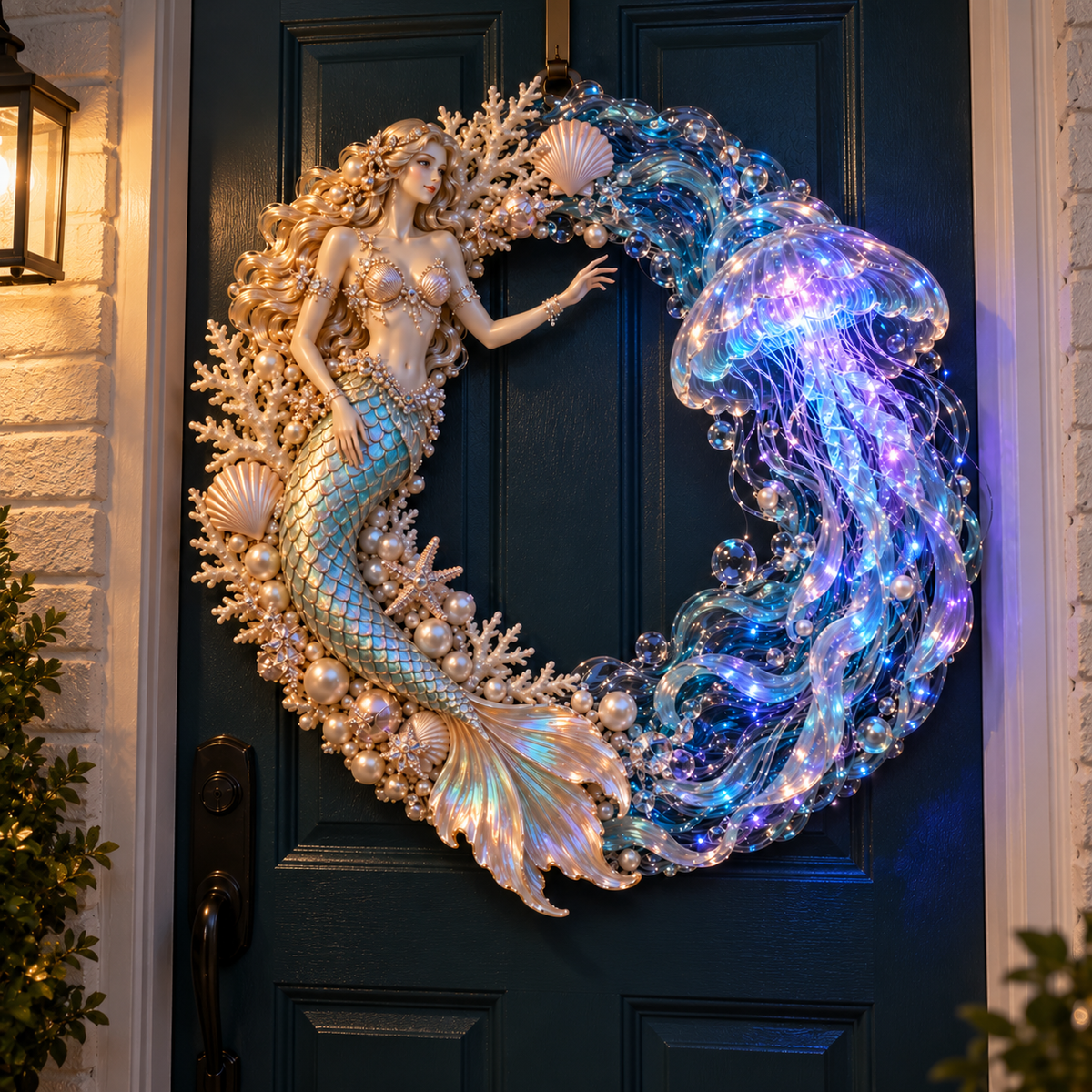 Close view of the luminous jellyfish and mermaid on a door