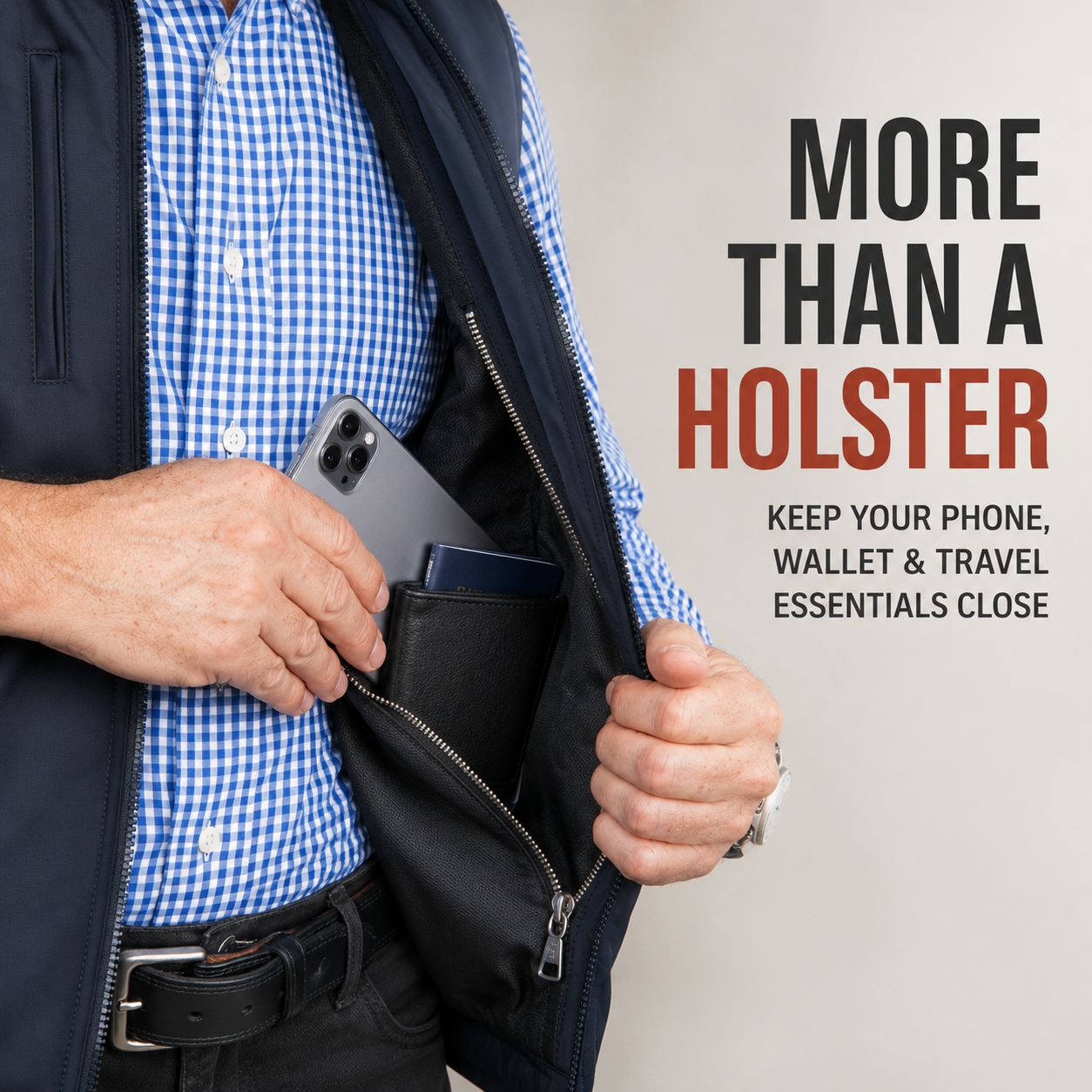 Inner pocket holding a phone, wallet and travel essentials