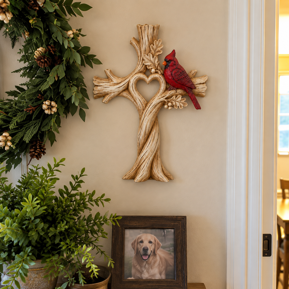 Cardinal decor in a remembrance corner