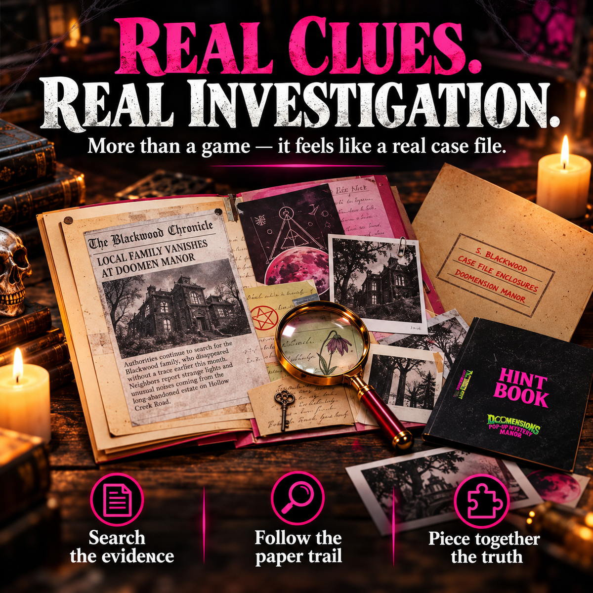 Murder mystery investigation documents and clues