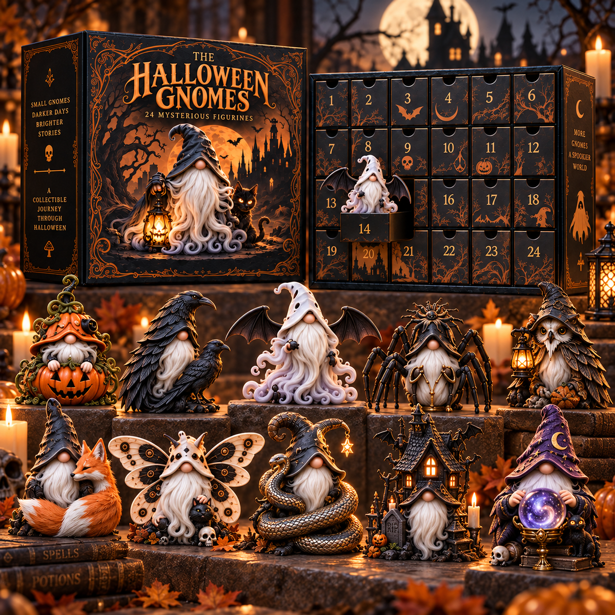 Haunted gnome figurines arranged as a miniature Halloween village