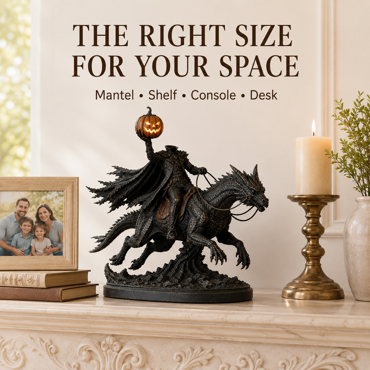 Light-Up Headless Horseman Dragon Statue with Timer – Gothic Halloween Decor