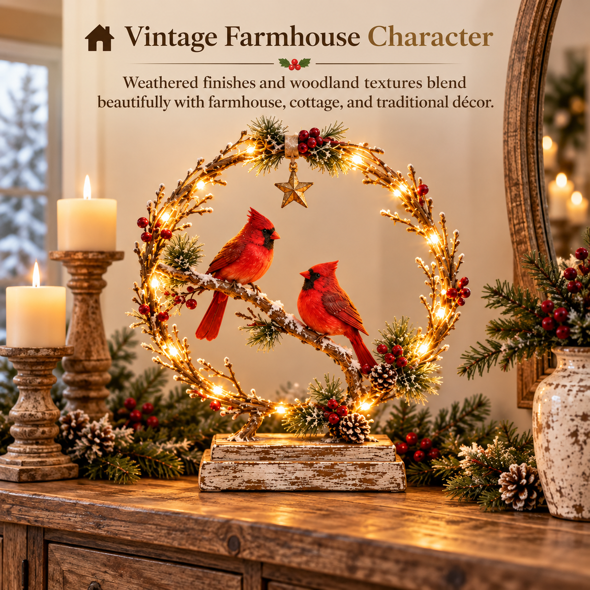 Glowing Cardinal Winter Wreath Tabletop Decor