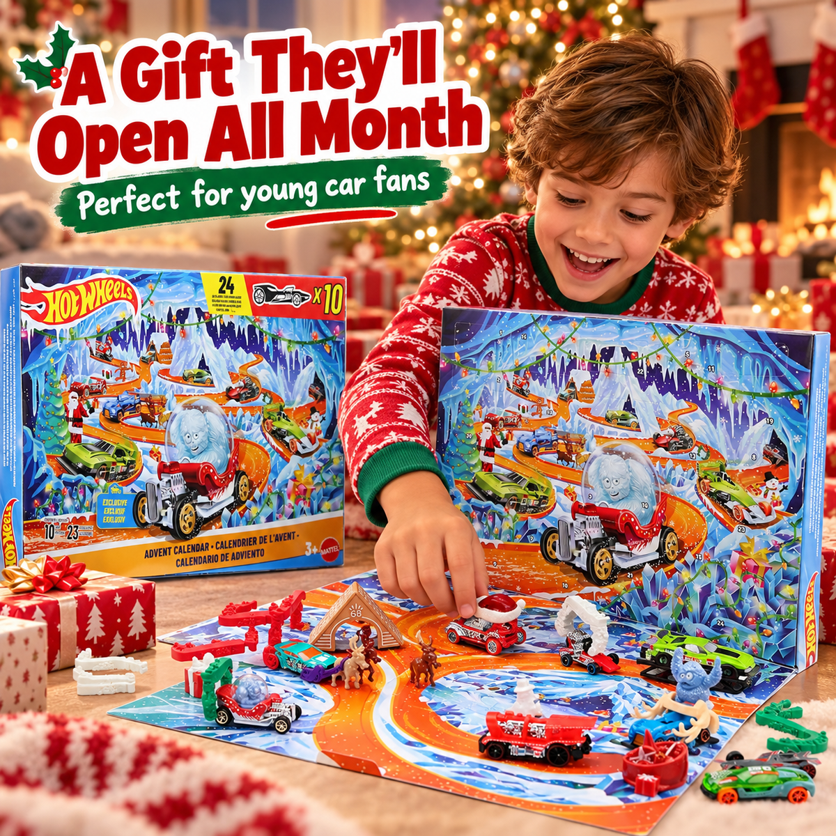 Child enjoying the Christmas racing advent calendar in a festive family room