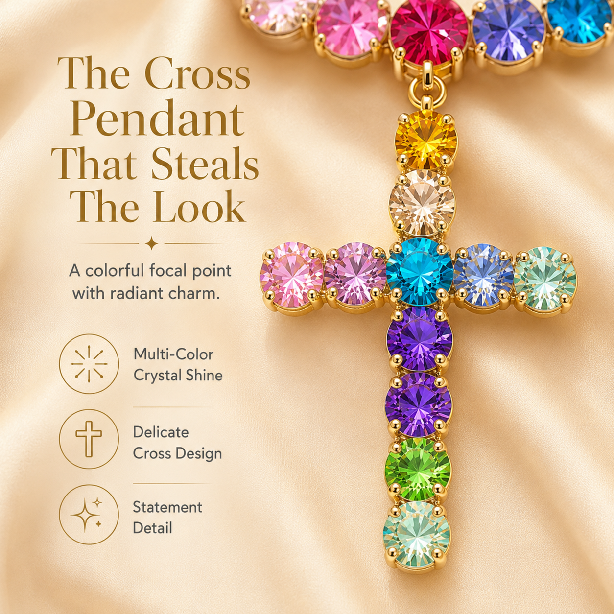 Colorful Crystal Cross Necklace – Sparkling Adjustable Statement Jewelry