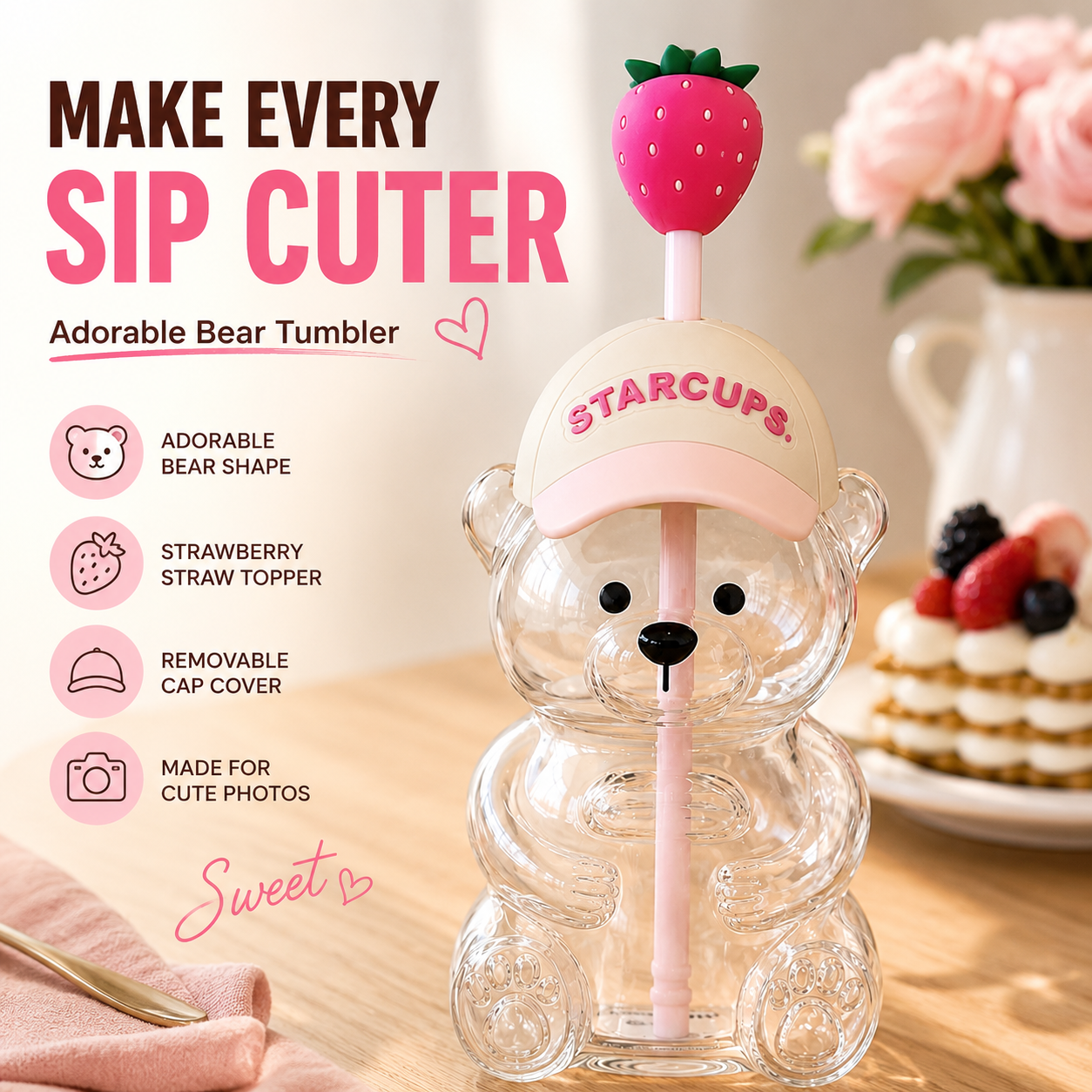 🔥 LAST DAY 55% OFF🐻Cute Teddy Bear Glass Tumbler with Bear Lid & Strawberry Straw – 20oz Reusable Cup