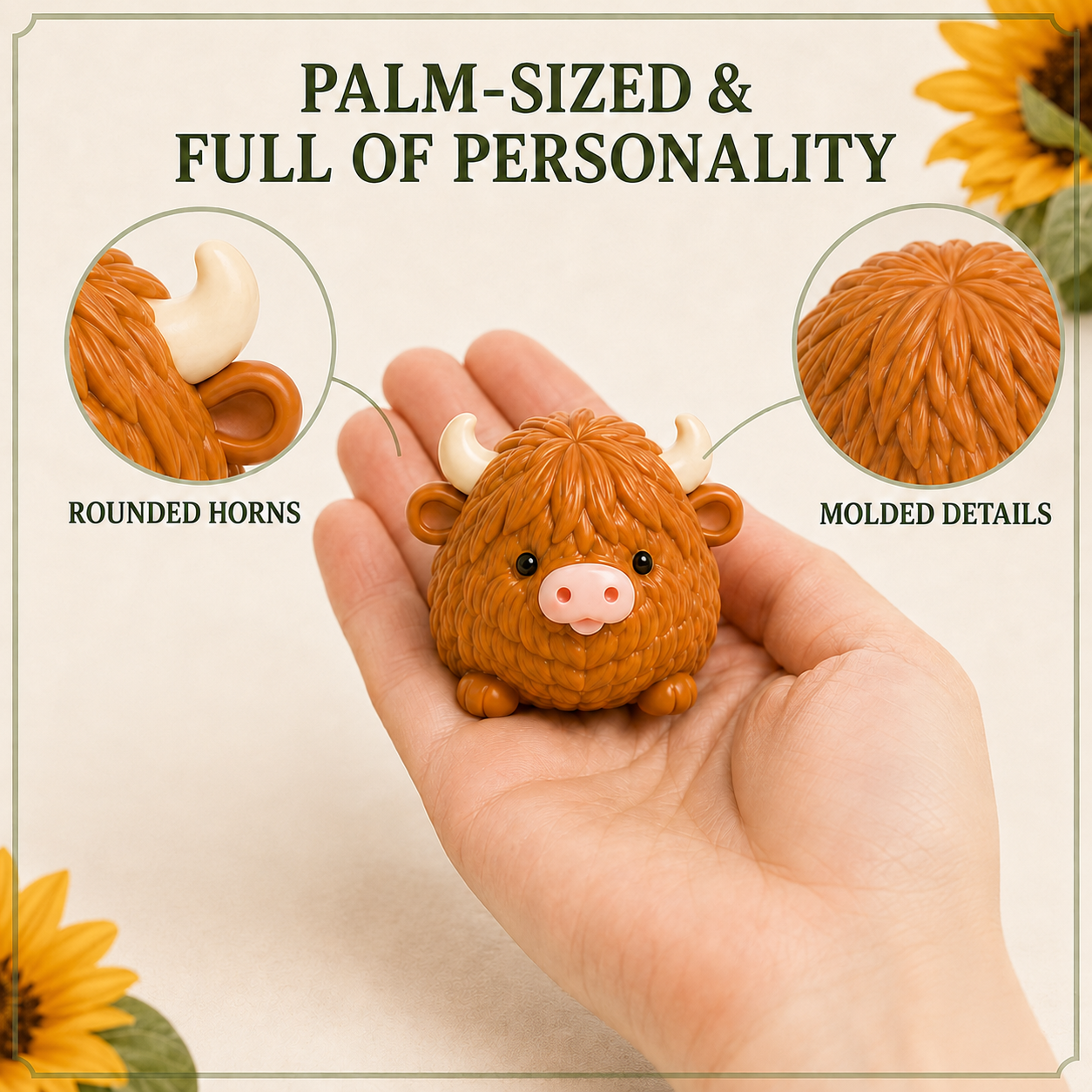 Palm-sized Highland cow with rounded horns and molded details
