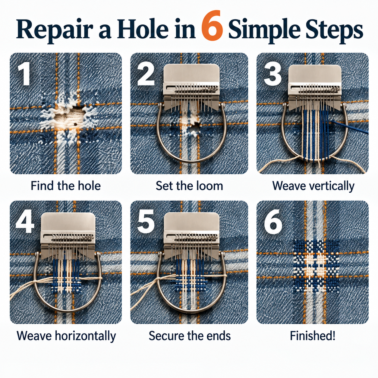 Six steps for using the visible mending loom