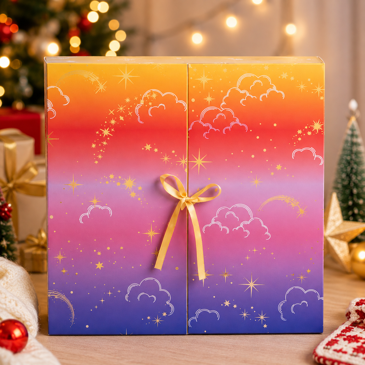 Closed crochet advent calendar gift box with ribbon