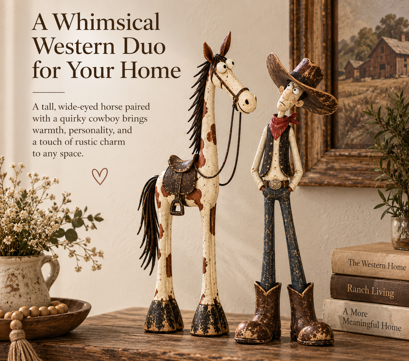 🤠🐴 Whimsical Western Cowboy & Horse Figurine Duo 🌵
