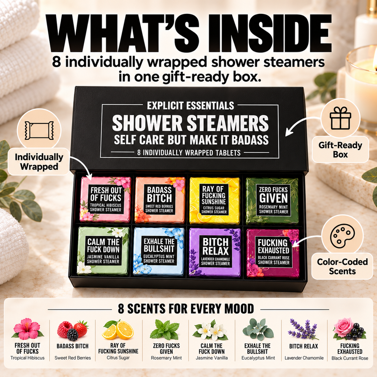 Contents of the Bad Day shower steamer gift box
