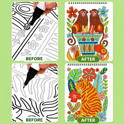 Trace-By-Groove Guided Flow Art Coloring Pad with Double-Sided Markers