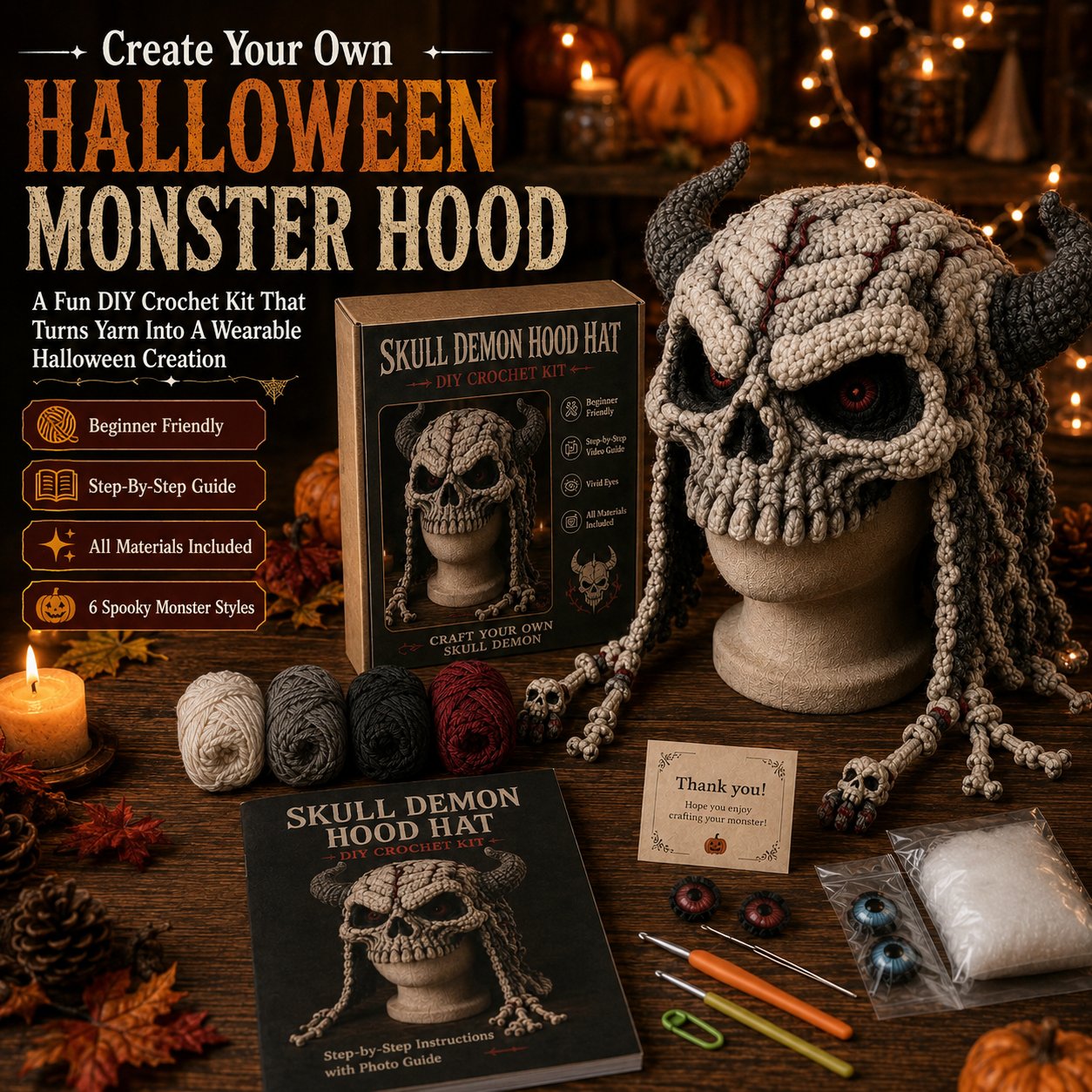 🎭🎃 Halloween Monster Hood DIY Crochet Kit | Premium Soft Yarn Materials with Step-by-Step Guide DIY Handmade Wearable Character Hood 🧶✨
