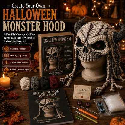 🎭🎃 Halloween Monster Hood DIY Crochet Kit | Premium Soft Yarn Materials with Step-by-Step Guide DIY Handmade Wearable Character Hood 🧶✨