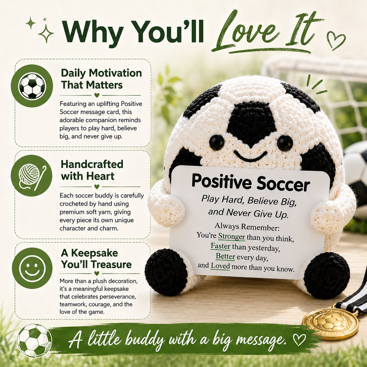 ⚽ Positive Soccer Buddy|Handmade Crochet Encouragement Gift 💚