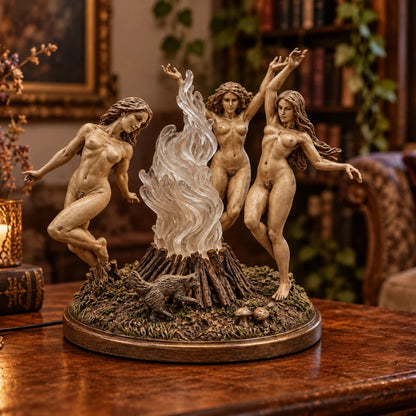 Dance of the Three Goddesses – Illuminated Sacred Fire Sculpture | Mystical Forest Fantasy Decor