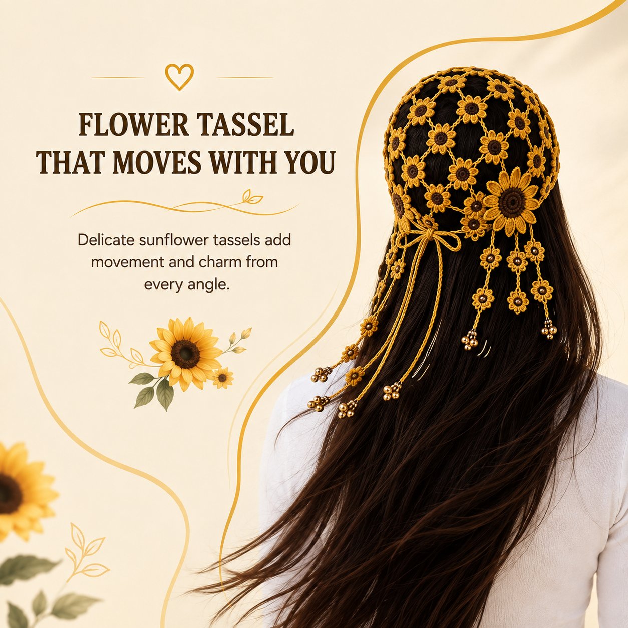 🔥Last Day 49% OFF - 🌻Women’s Handmade Crochet Sunflower Baseball Cap – Hollow-Out Boho Summer Sun Hat with Decorative Tassels