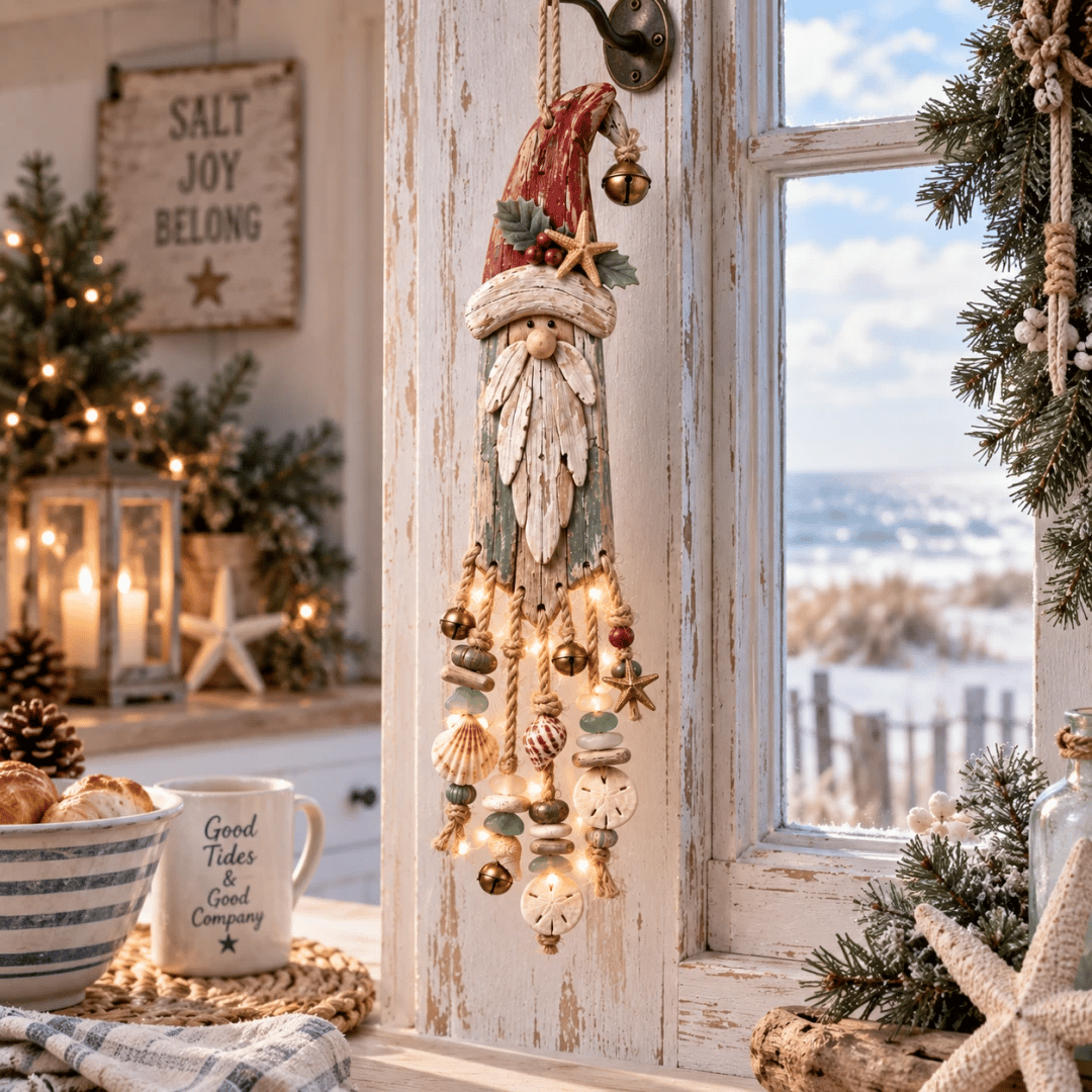 🔔🎄Vintage Coastal Santa Lighted Wall Decor – Beach House Christmas Hanging with Starfish, Shells & Warm Glow🌙