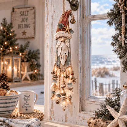 🔔🎄Vintage Coastal Santa Lighted Wall Decor – Beach House Christmas Hanging with Starfish, Shells & Warm Glow🌙