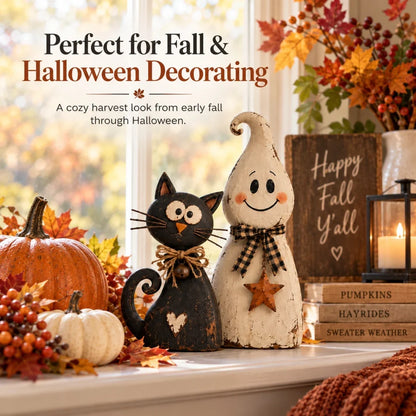🐈‍⬛ Ghost & Black Cat Halloween Figurines – Vintage-Inspired Decor