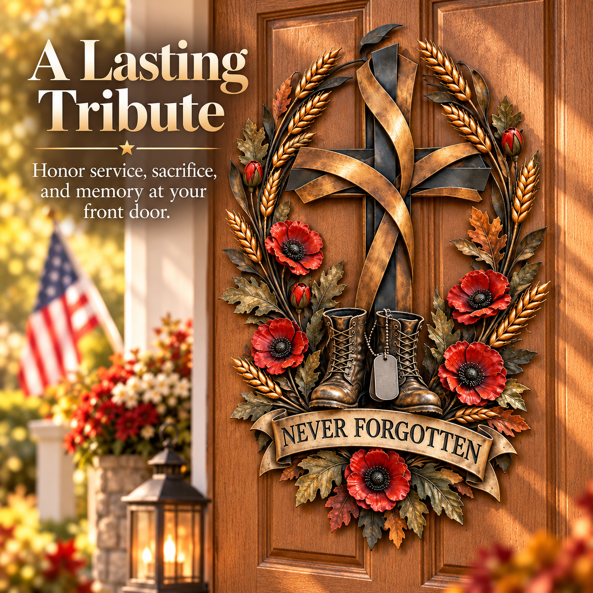 Never Forgotten Veterans Memorial Cross Door Hanging – Poppy & Boots Tribute Decor