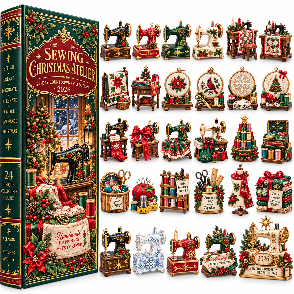 Sewing Christmas Atelier 2026 – 24-Day Countdown Collection with 24 Unique Sewing & Quilting Miniatures, Handmade Holiday Collectible Gift for Sewing Lovers