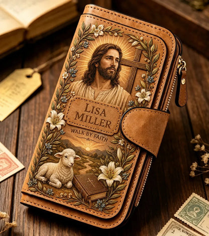 'Walk By Faith' Vintage Leather Clutch Wallet 🕊️ | Jesus & Mary Editions