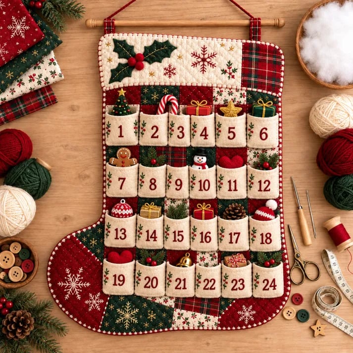 🎄🧵DIY Patchwork Christmas Advent Calendar Kit – 🪡Handmade 24-Pocket Quilted Countdown Wall Hanging | 5 Festive Designs