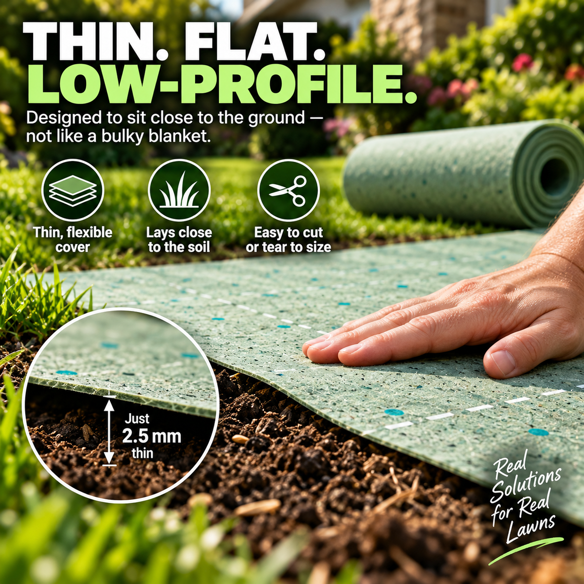 Thin 2.5 mm low-profile lawn repair cover that tears or cuts to size