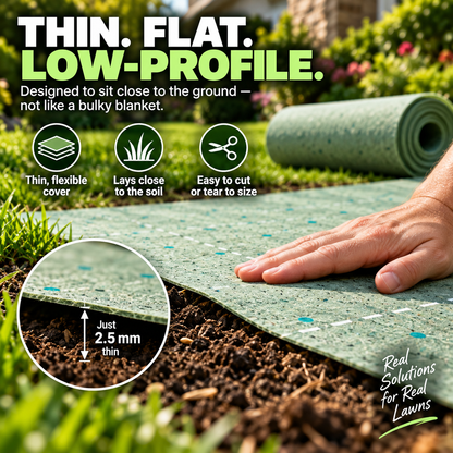 Thin 2.5 mm low-profile lawn repair cover that tears or cuts to size