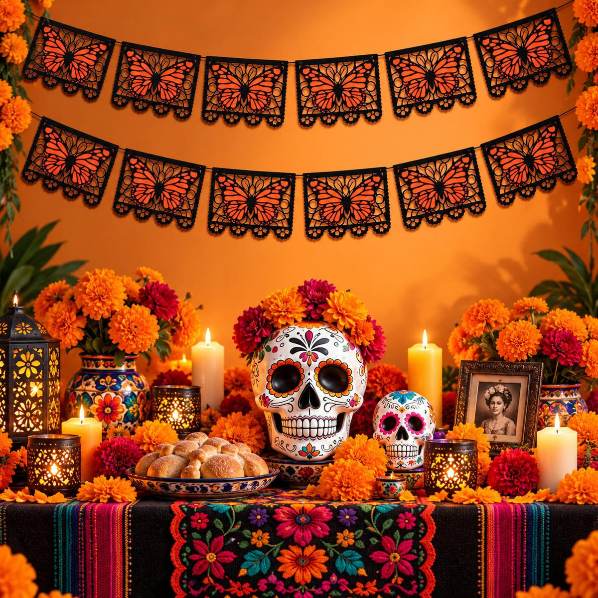 🔥LAST DAY 50% OFF - 🦋 Monarch Butterfly Día de los Muertos Banner | 9.8FT Black & Orange Papel Picado-Style Garland 🌺