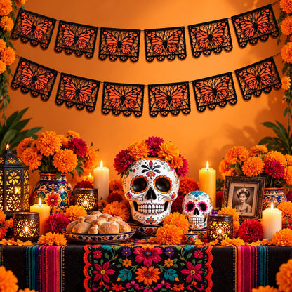 🔥LAST DAY 50% OFF - 🦋 Monarch Butterfly Día de los Muertos Banner | 9.8FT Black & Orange Papel Picado-Style Garland 🌺