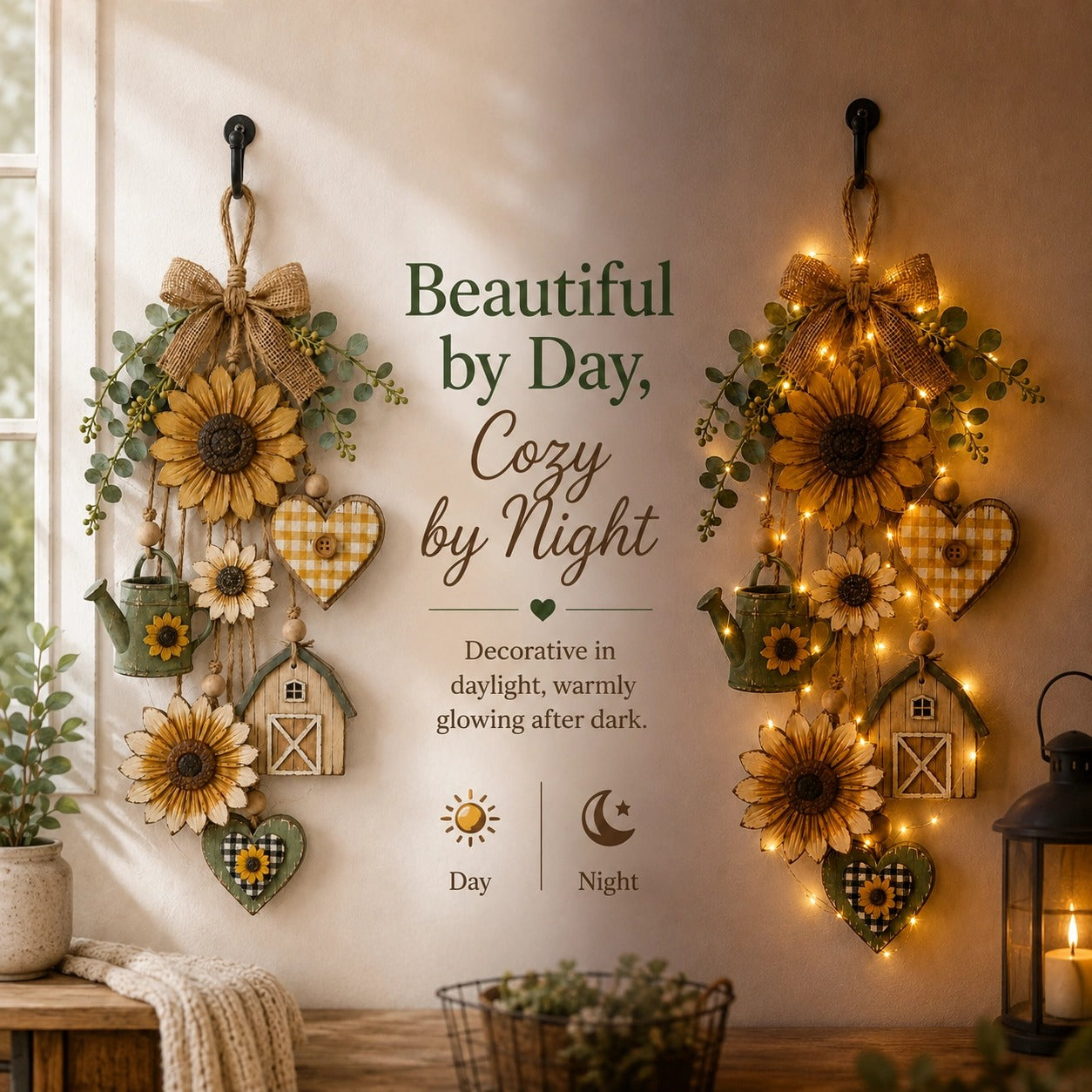 🌻Rustic Wooden Garden-Themed Hanging Ornament with Remote Control Fairy Lights