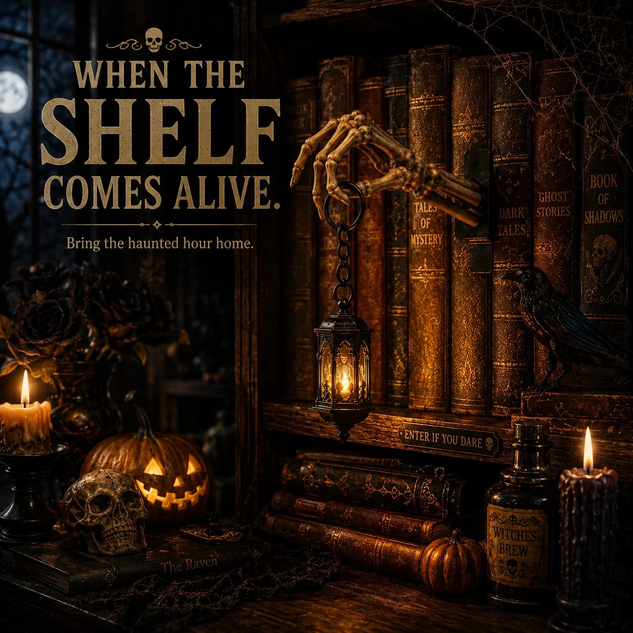 ⏳ Last Day 49% OFF – 💀 Skeleton Hand Lantern Bookshelf Light | Battery-Powered Gothic Shelf Décor with Warm Amber LED, Cord-Free Design & No-Tool Setup 🕯️