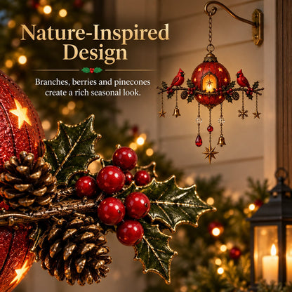 Illuminated Christmas hanging ornament with red cardinals – Festive wall decoration with warm light