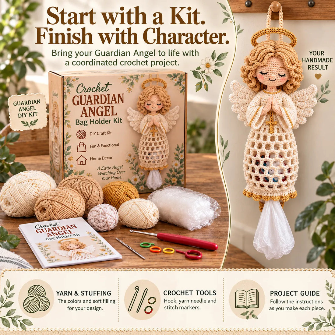Guardian Angel crochet kit with yarn, filling, crochet tools and guide beside the finished example