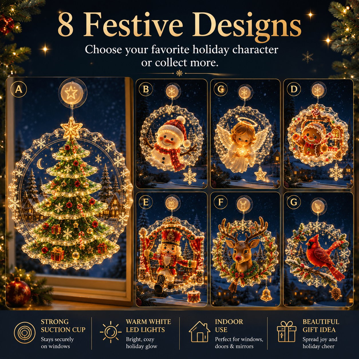 🎄🪟 Festive Glow Window Ornament – Suction-Cup Christmas Light with Layered Holiday Design