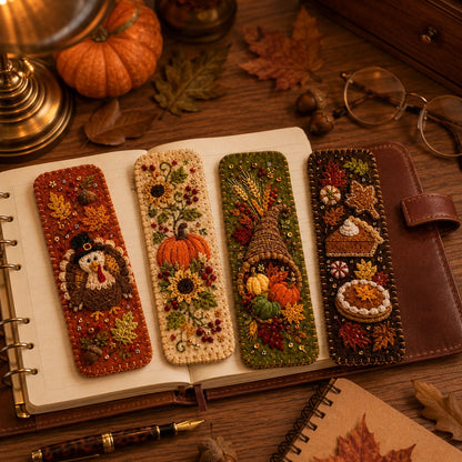 🍁 4-Piece Thanksgiving Embroidered Felt Bookmark Set