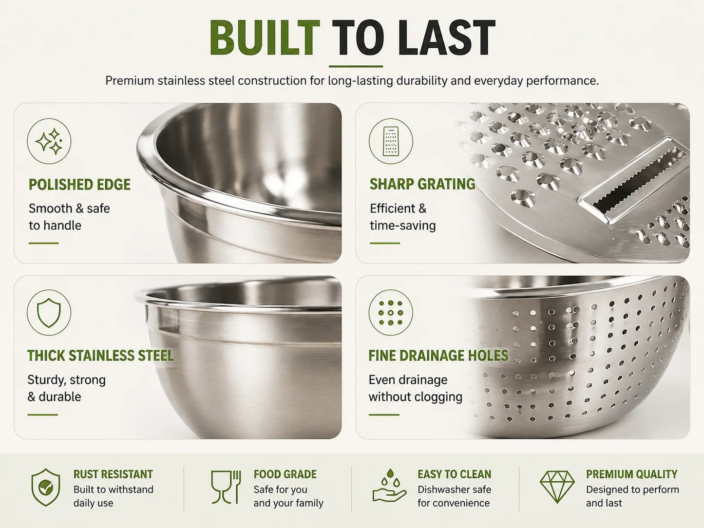 🥣✨ 3-in-1 Stainless Steel Kitchen Prep Set – Grater, Colander & Mixing Bowl