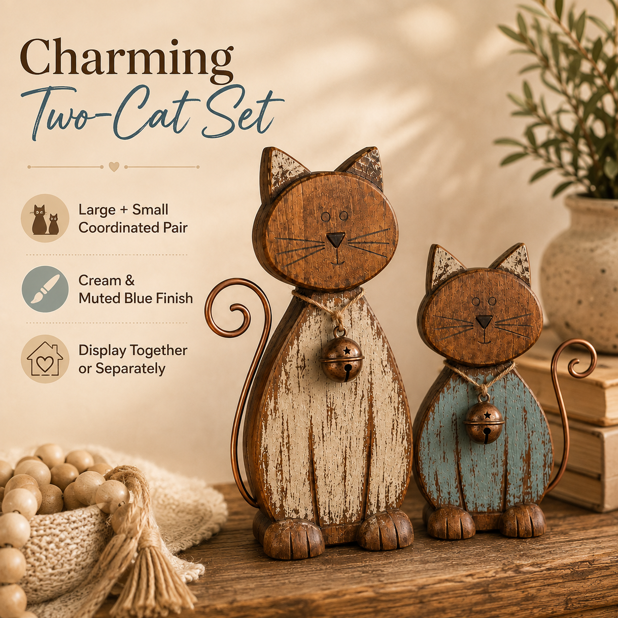 Rustic Wooden Cat Figurines Set of 2