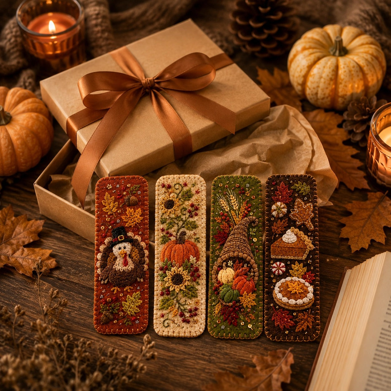 🍁 4-Piece Thanksgiving Embroidered Felt Bookmark Set