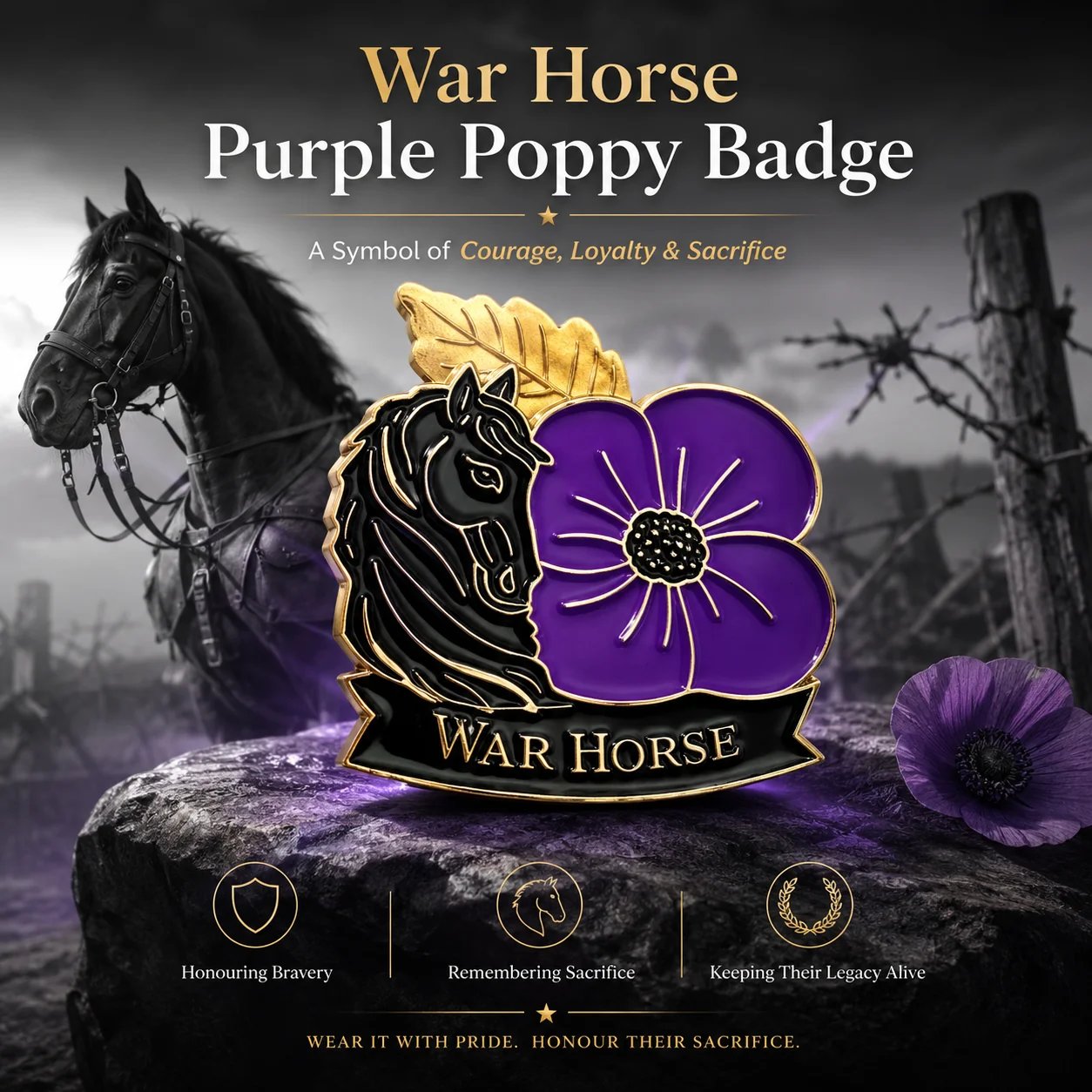 War Horse Purple Poppy remembrance badge