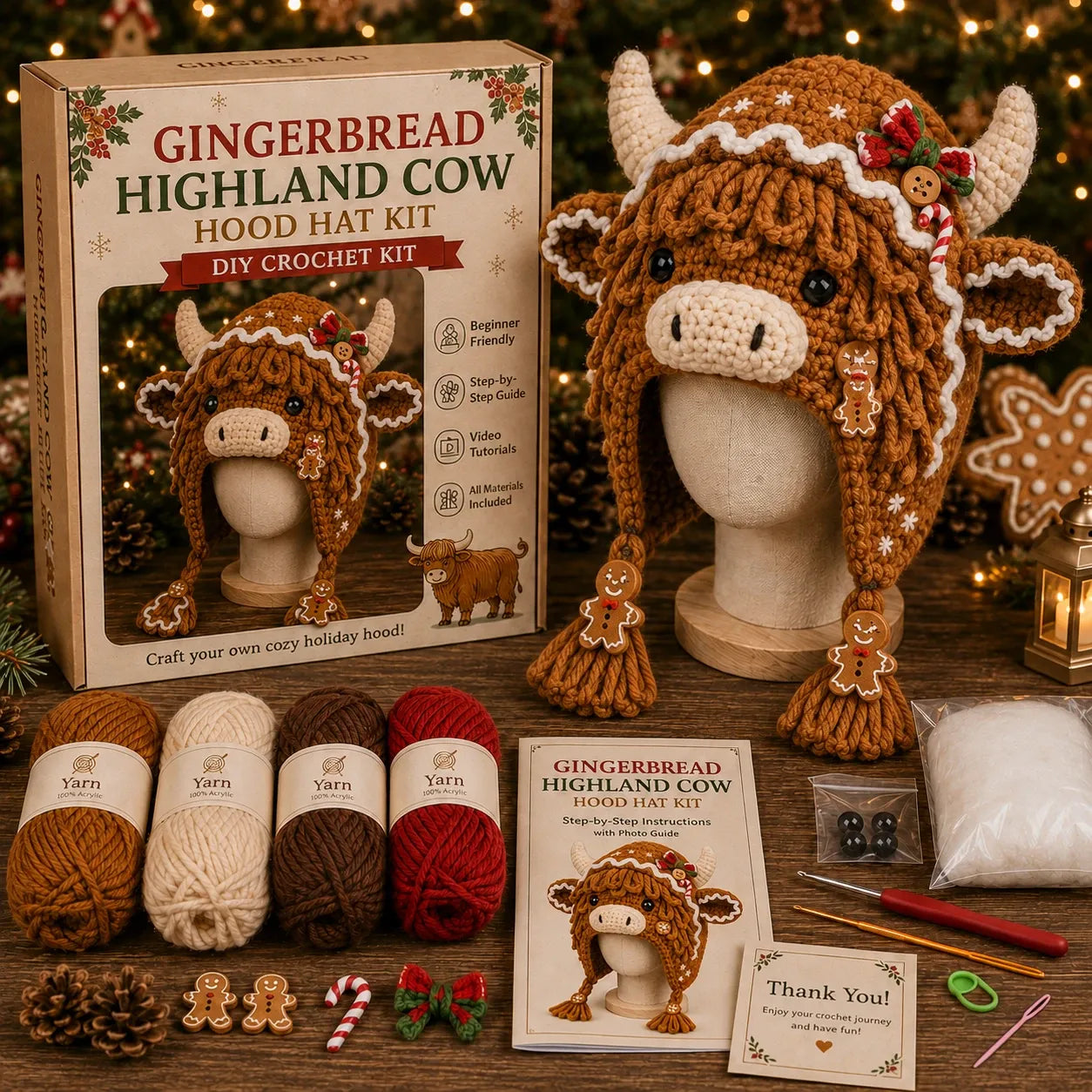 🐮🎄 Christmas Highland Cow Hood Hat DIY Crochet Kit – Make It, Wear It & Love It