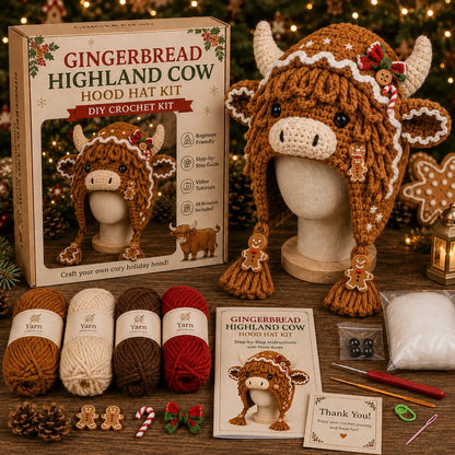 🐮🎄 Christmas Highland Cow Hood Hat DIY Crochet Kit – Make It, Wear It & Love It