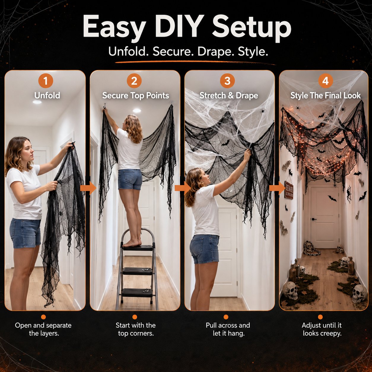 🕸️💡 Haunted Hallway Makeover Set – Gauze, Glow & Bat Decor for Spooky Halloween Scenes