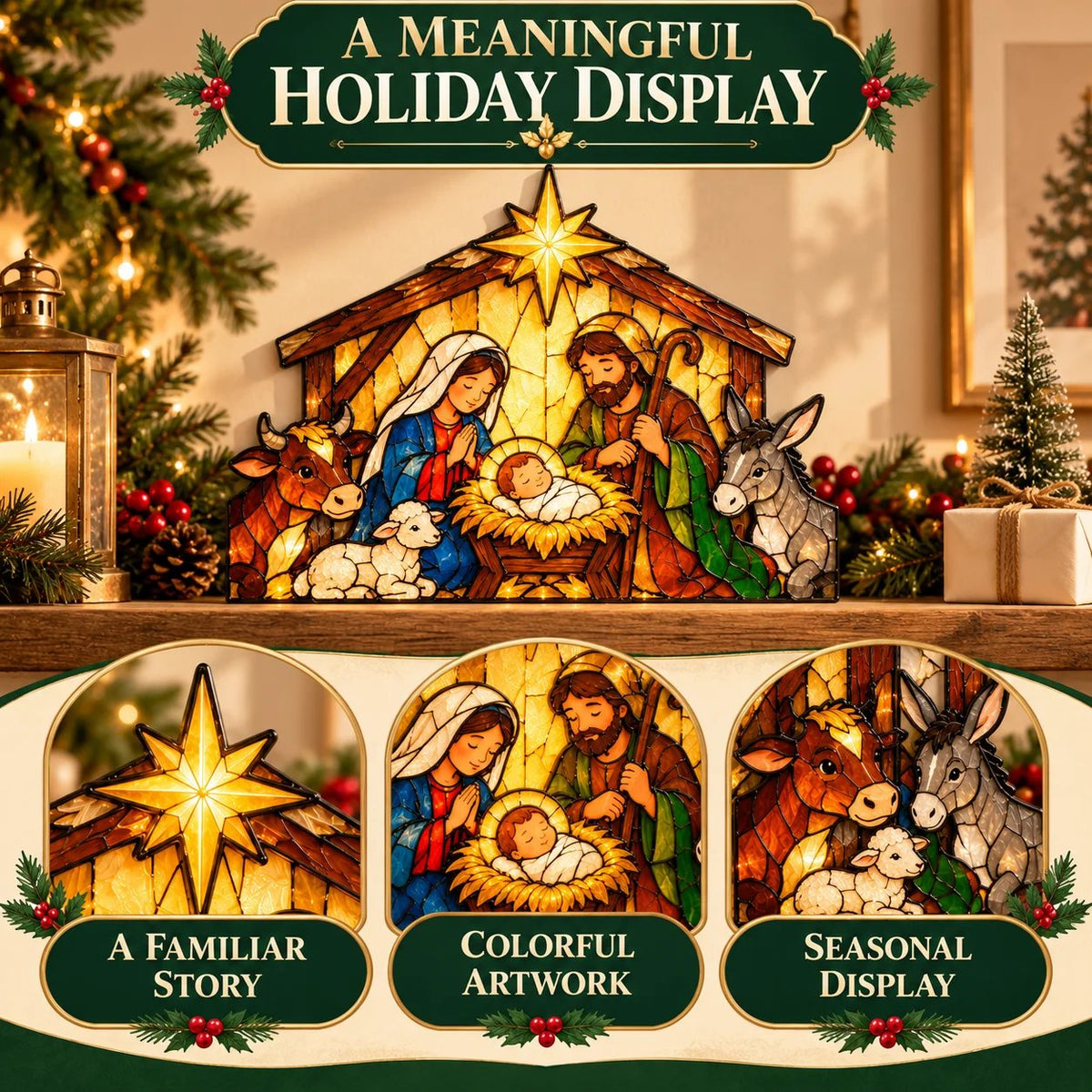 ✝️ Nativity Scene Christmas Decoration 🎄✨ Stained Glass Style Holy Family Display with Baby Jesus, Mary, Joseph & Stable Animals 🕊️🎁