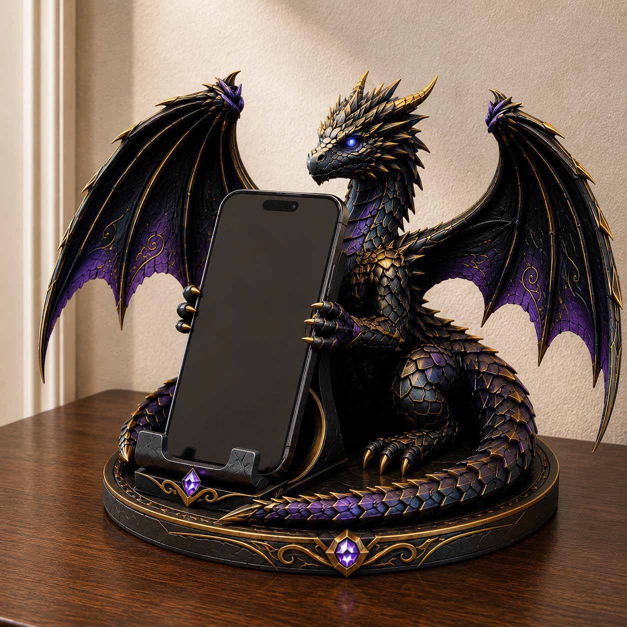 Black dragon phone stand with purple wing accents, gold details and an upright phone